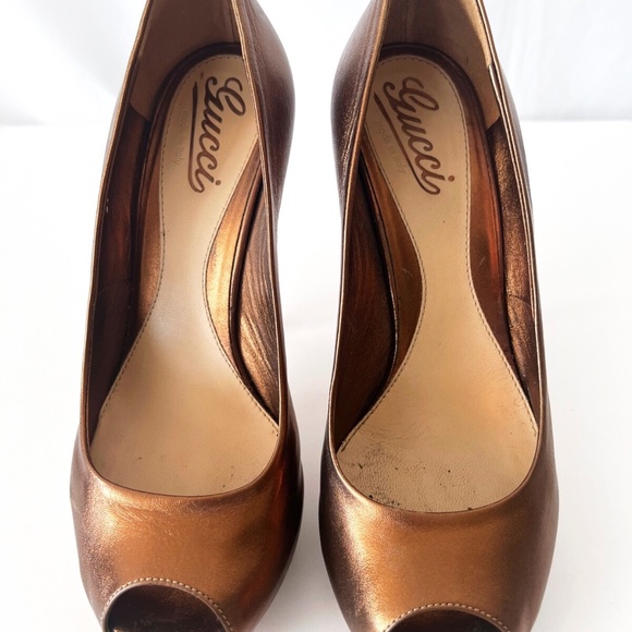 GUCCI bronze peep toe platform stiletto pumps Size EU 37 1/2 US 7 - Picture 3 of 10